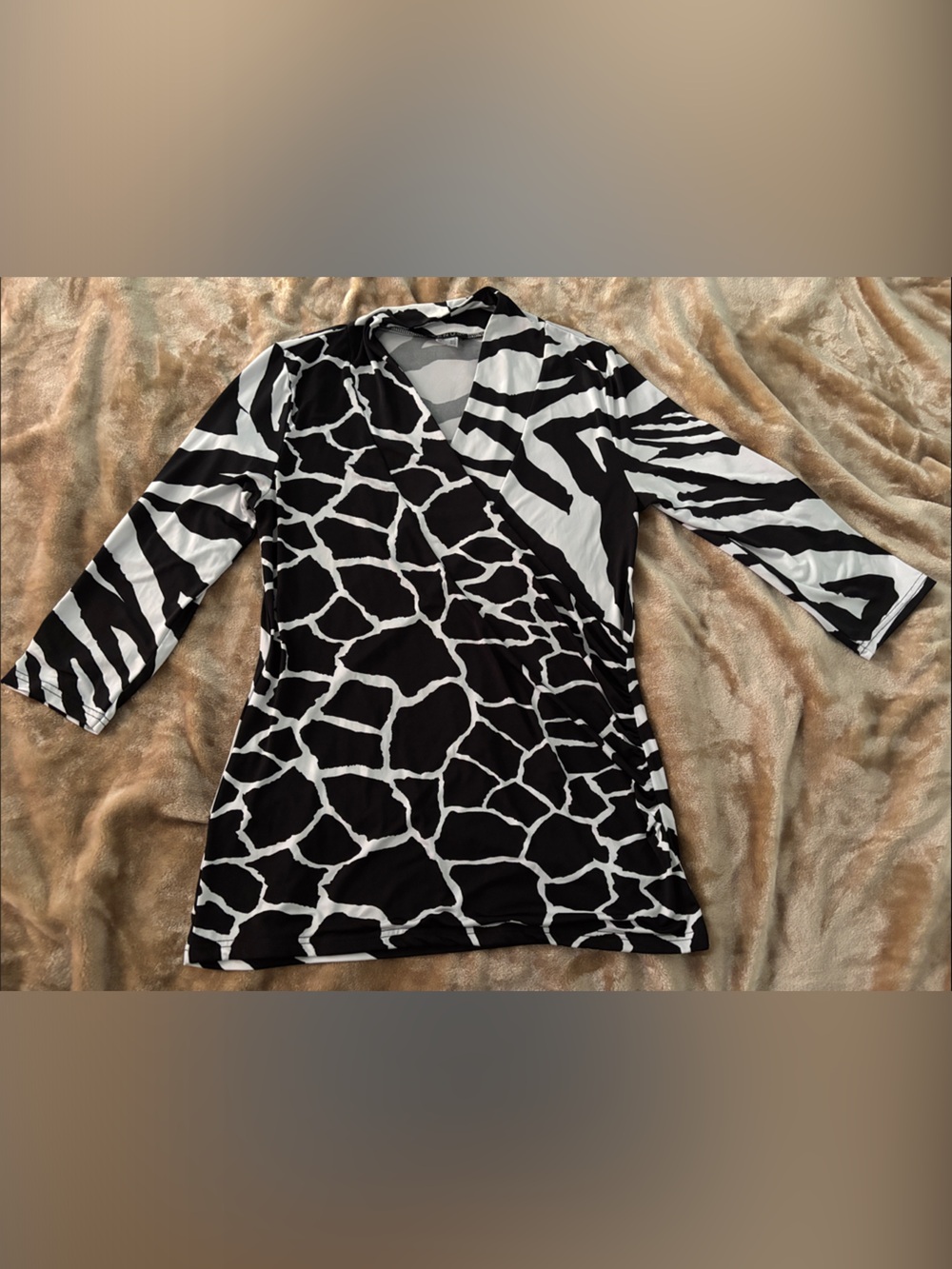 VENUS Black & White Mixed Animal Print Wrap-Style Top